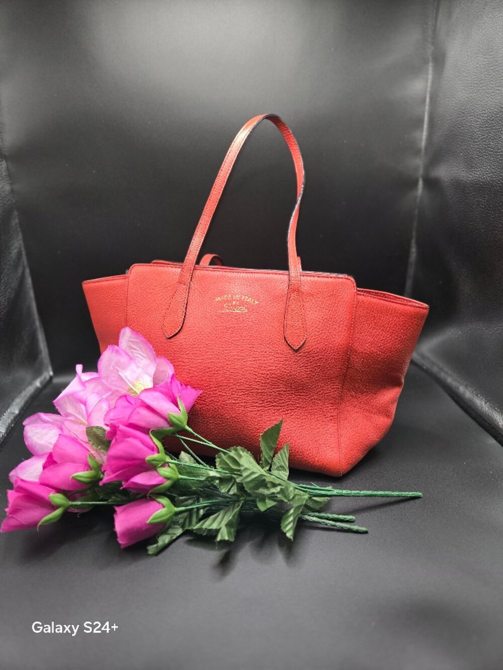 Gucci Swing Mini Tote Bag Red Pebbled Leather Made in Italy